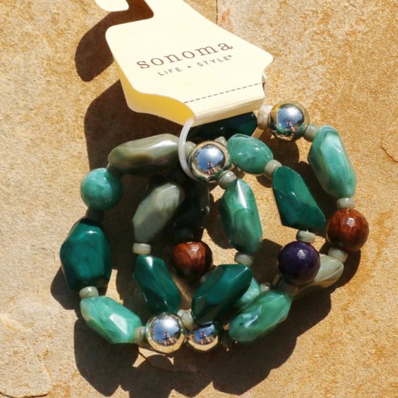 Boho Chunky 3 Bracelet Stack Lucite Beads Silver Tone Nature Stone Look NWT - Picture 3 of 3